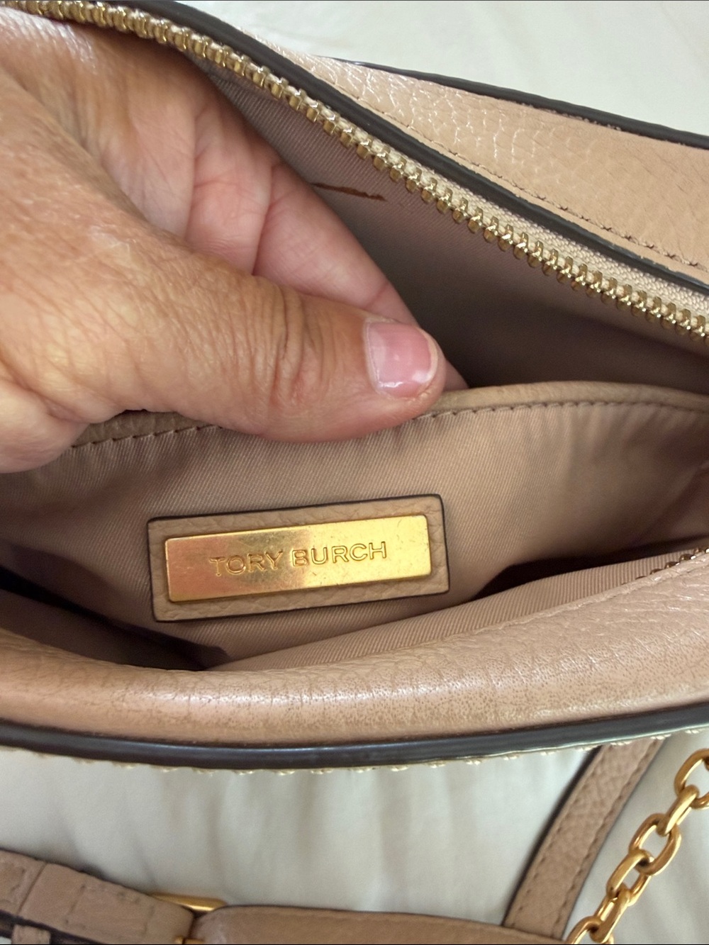 Tory Burch Pebbled Leather Crossbody in Tan - Picture 8 of 10